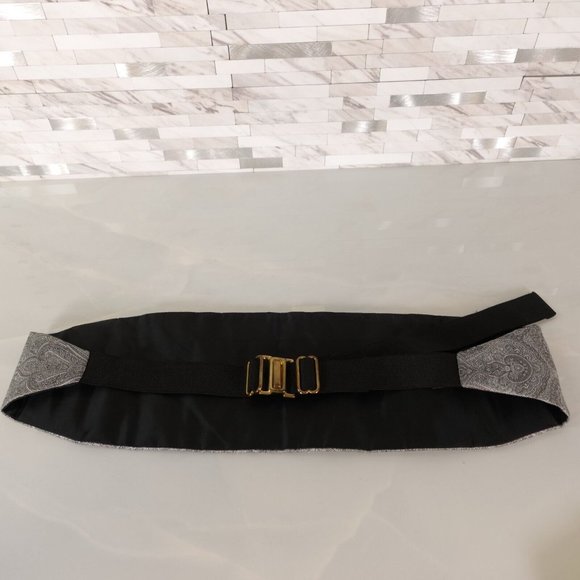 Cummerbund Mens Gray White Tuxedo Belt OS Paisley Elastic Pleated‎ Gold Buckle - Picture 9 of 10